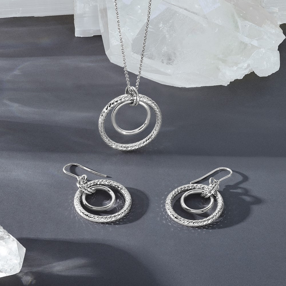 Sterling Silver Rh Pl Polish/Dia Cut Circles Dangle Earrings