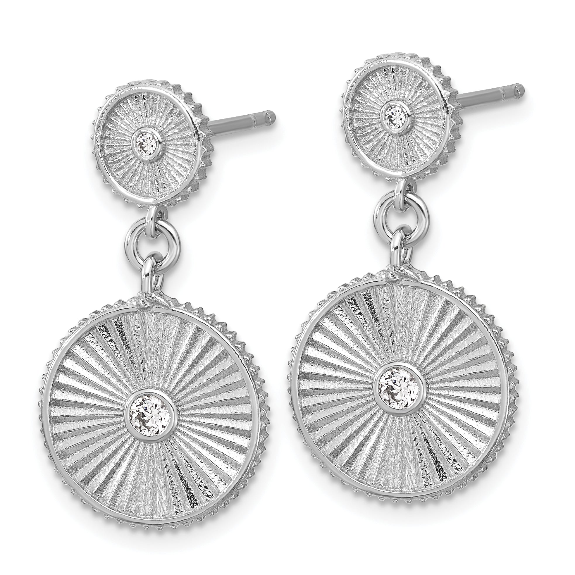 Sterling Silver Ss Rh Plat Cz Polished/Grooved Circle Dangle Post Earrings