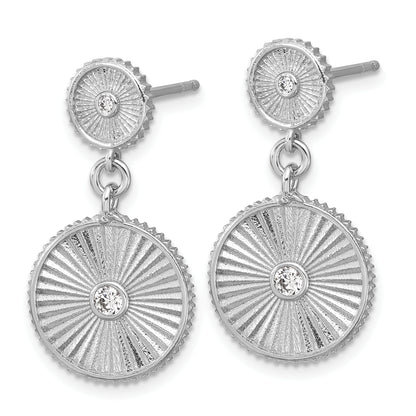 Sterling Silver Ss Rh Plat Cz Polished/Grooved Circle Dangle Post Earrings