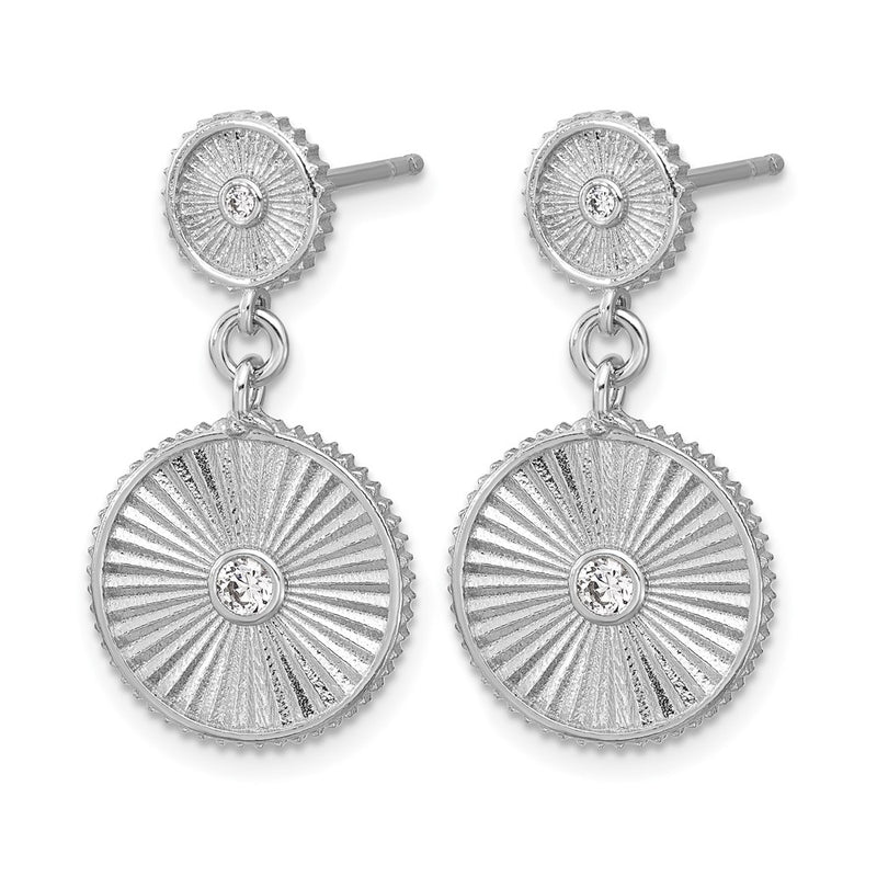 Sterling Silver Ss Rh Plat Cz Polished/Grooved Circle Dangle Post Earrings