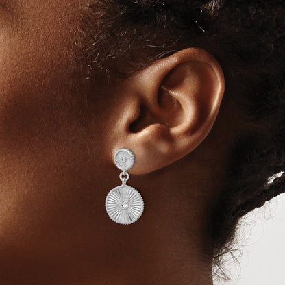 Sterling Silver Ss Rh Plat Cz Polished/Grooved Circle Dangle Post Earrings