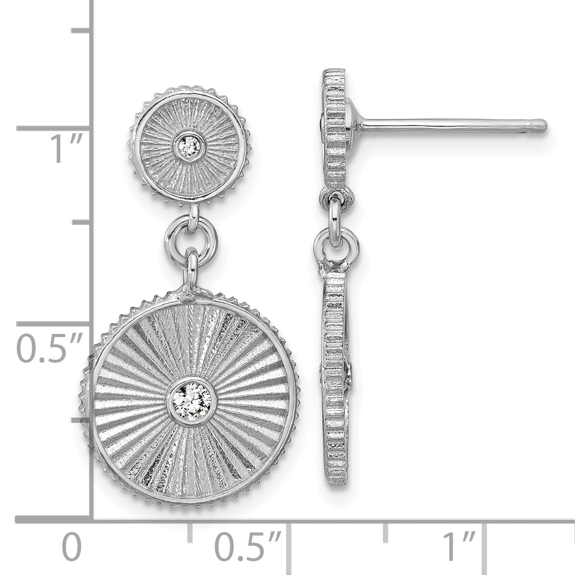 Sterling Silver Ss Rh Plat Cz Polished/Grooved Circle Dangle Post Earrings