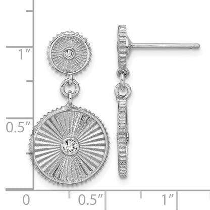Sterling Silver Ss Rh Plat Cz Polished/Grooved Circle Dangle Post Earrings