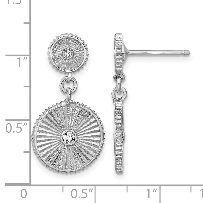 Sterling Silver Ss Rh Plat Cz Polished/Grooved Circle Dangle Post Earrings