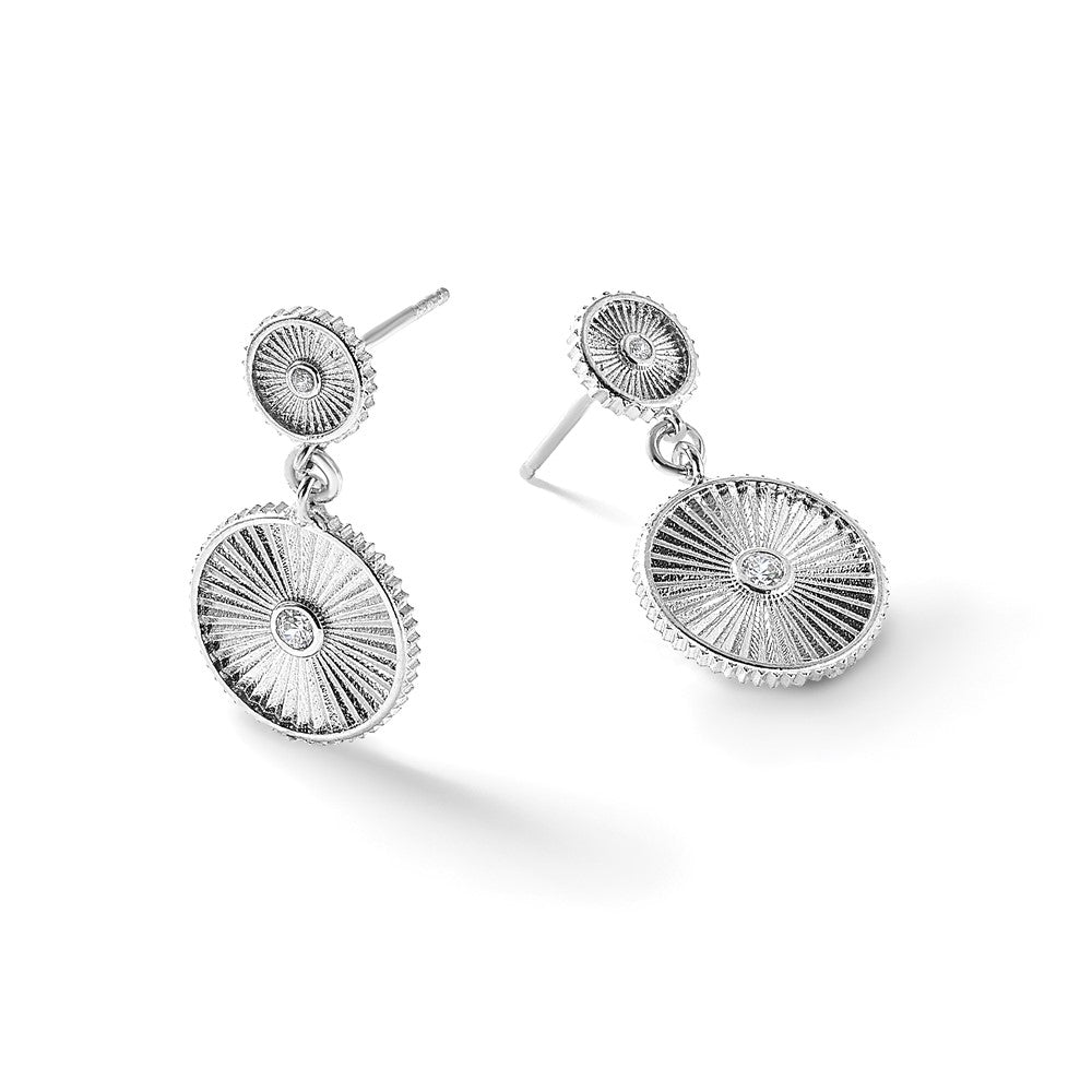 Sterling Silver Ss Rh Plat Cz Polished/Grooved Circle Dangle Post Earrings