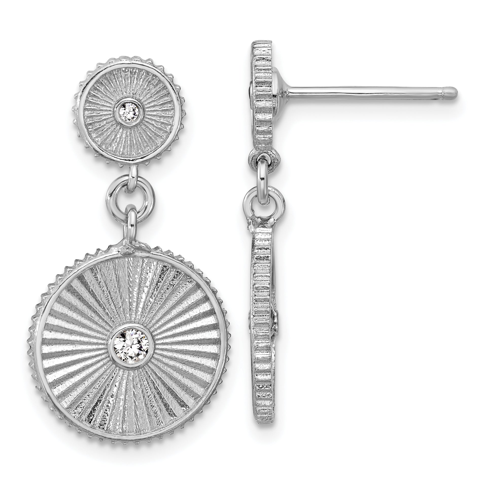Sterling Silver Ss Rh Plat Cz Polished/Grooved Circle Dangle Post Earrings