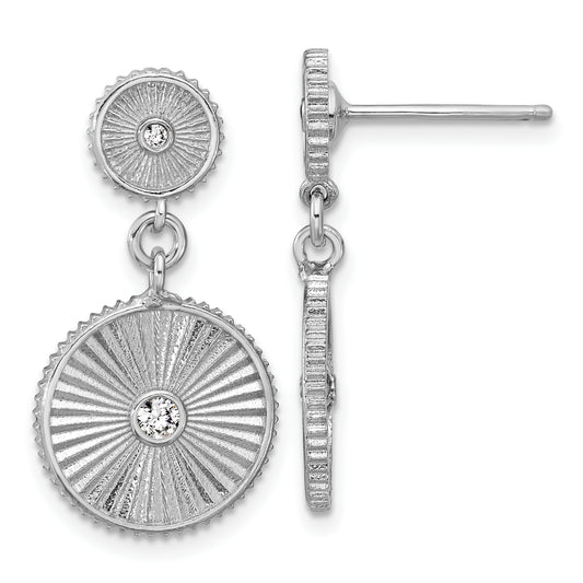Sterling Silver Ss Rh Plat Cz Polished/Grooved Circle Dangle Post Earrings