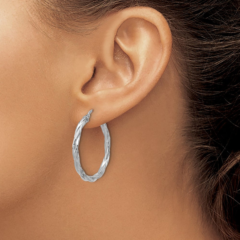 Sterling Silver Rh Plated Polished Twisted Hoop Earrings