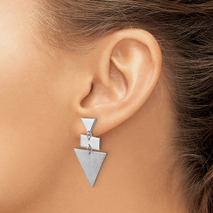 Sterling Silver Ss Rh Plated Polish/Brushed Geometric Dangle Post Earrings