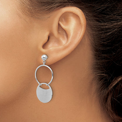 Sterling Silver Ss Rh Plated Polished/Brushed Circles Dangle Post Earrings
