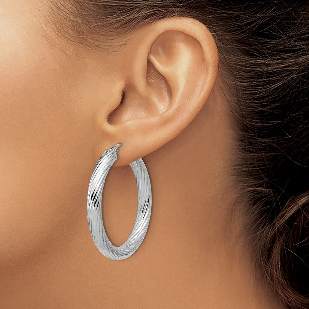 Sterling Silver Rh Plat Polish/Grooved Round Hoop Earrings