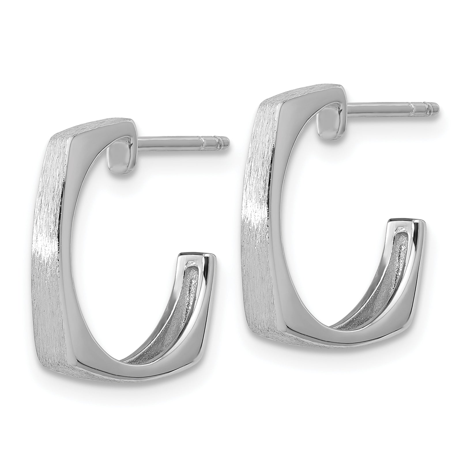 Sterling Silver Ss Rh Plated Polished/Brushed Square J Hoop Post Earrings