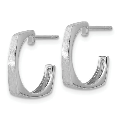 Sterling Silver Ss Rh Plated Polished/Brushed Square J Hoop Post Earrings