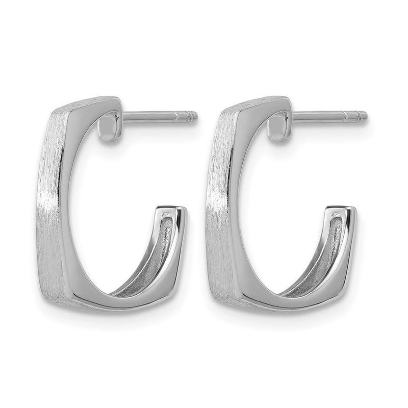 Sterling Silver Ss Rh Plated Polished/Brushed Square J Hoop Post Earrings