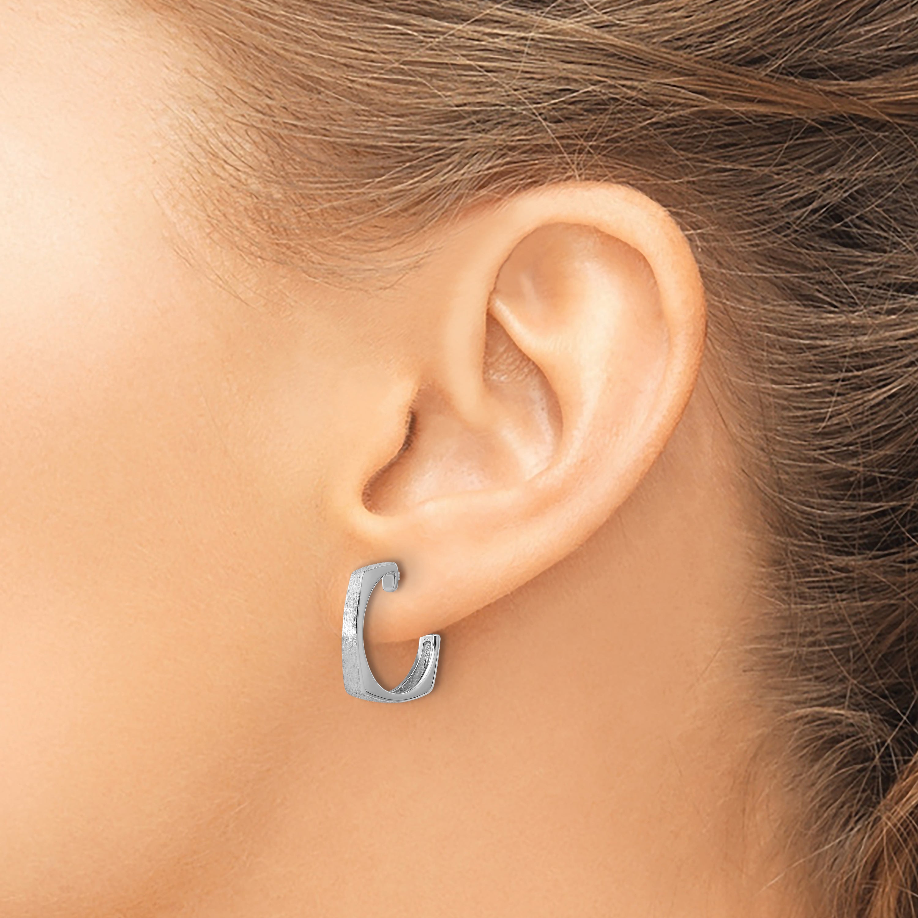 Sterling Silver Ss Rh Plated Polished/Brushed Square J Hoop Post Earrings