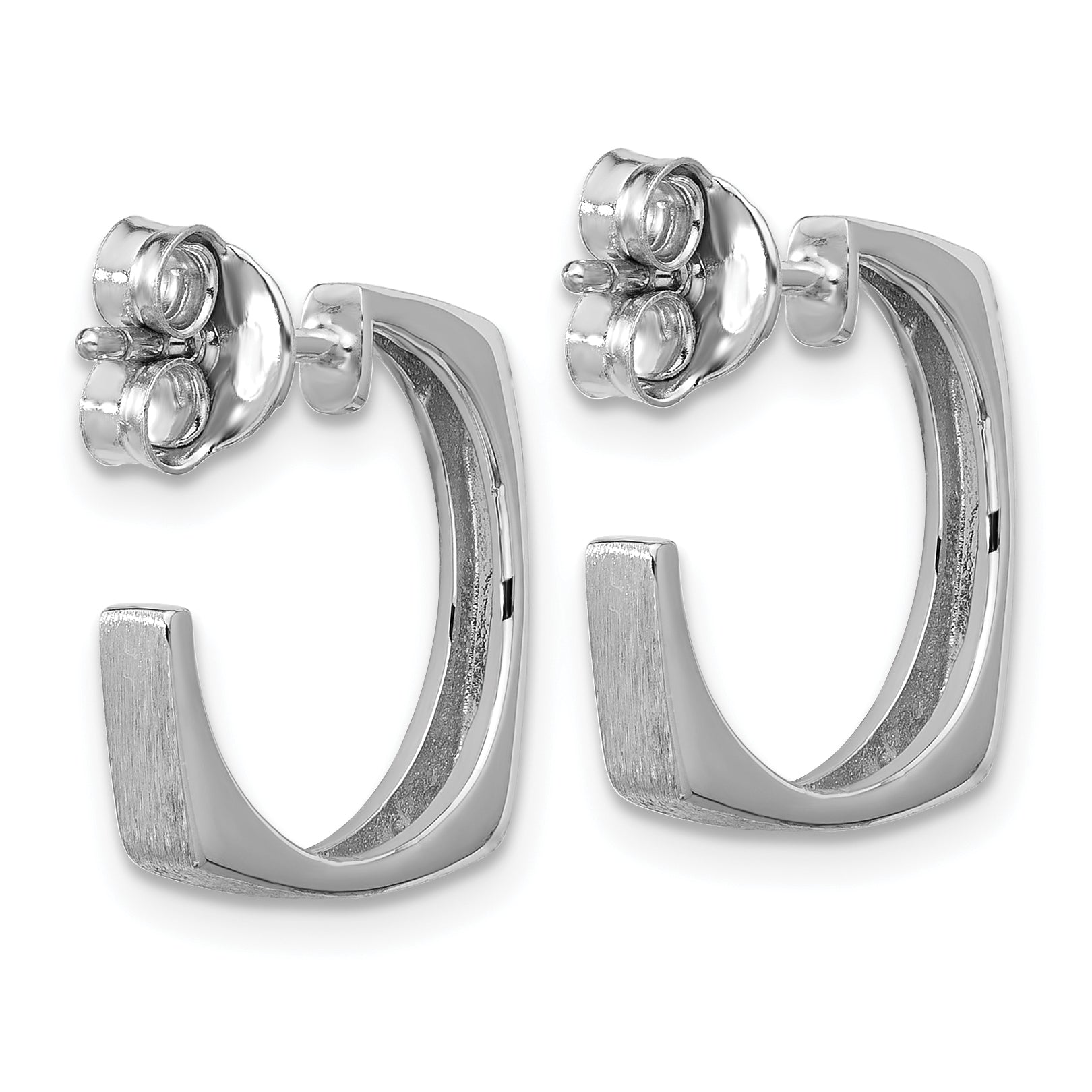 Sterling Silver Ss Rh Plated Polished/Brushed Square J Hoop Post Earrings