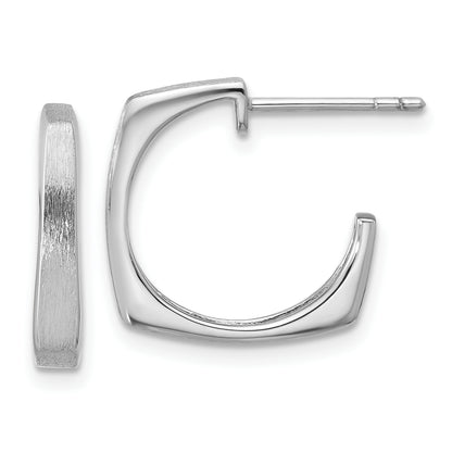 Sterling Silver Ss Rh Plated Polished/Brushed Square J Hoop Post Earrings