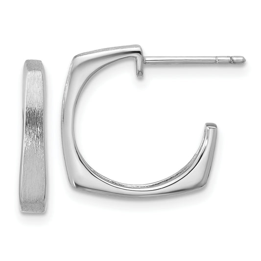 Sterling Silver Ss Rh Plated Polished/Brushed Square J Hoop Post Earrings