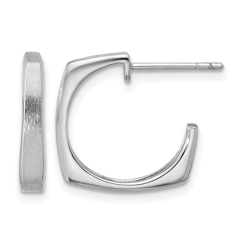 Sterling Silver Ss Rh Plated Polished/Brushed Square J Hoop Post Earrings