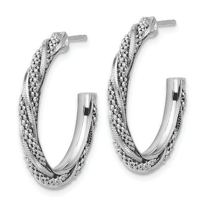 Sterling Silver Ss Rh Plated Polish/Textured Twisted J Hoop Post Earrings