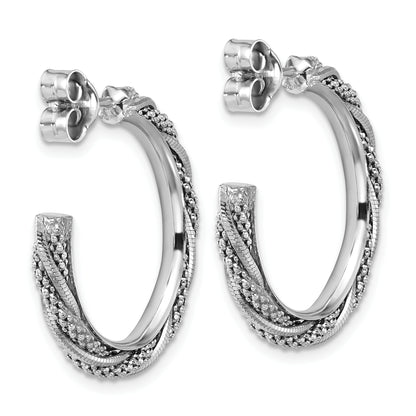 Sterling Silver Ss Rh Plated Polish/Textured Twisted J Hoop Post Earrings