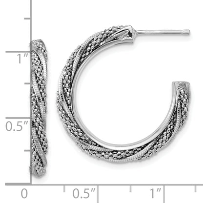 Sterling Silver Ss Rh Plated Polish/Textured Twisted J Hoop Post Earrings