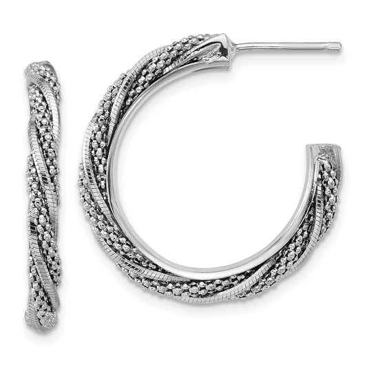 Sterling Silver Ss Rh Plated Polish/Textured Twisted J Hoop Post Earrings