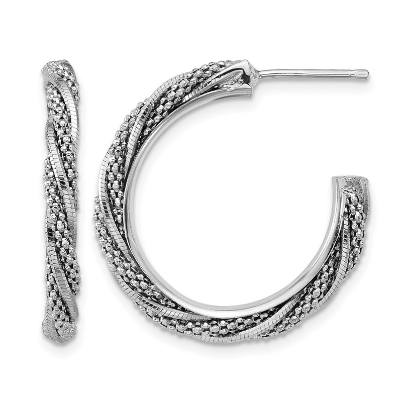 Sterling Silver Ss Rh Plated Polish/Textured Twisted J Hoop Post Earrings