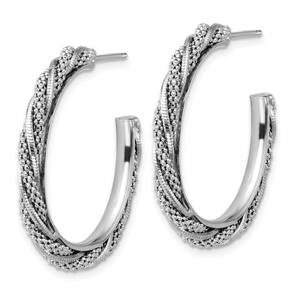 Sterling Silver Ss Rh Plated Polish/Textured Twisted J Hoop Post Earrings