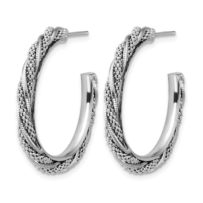 Sterling Silver Ss Rh Plated Polish/Textured Twisted J Hoop Post Earrings