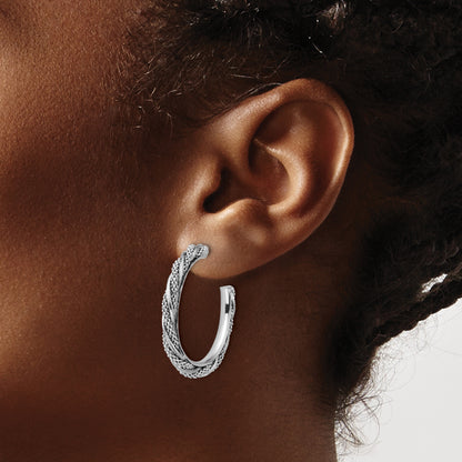 Sterling Silver Ss Rh Plated Polish/Textured Twisted J Hoop Post Earrings