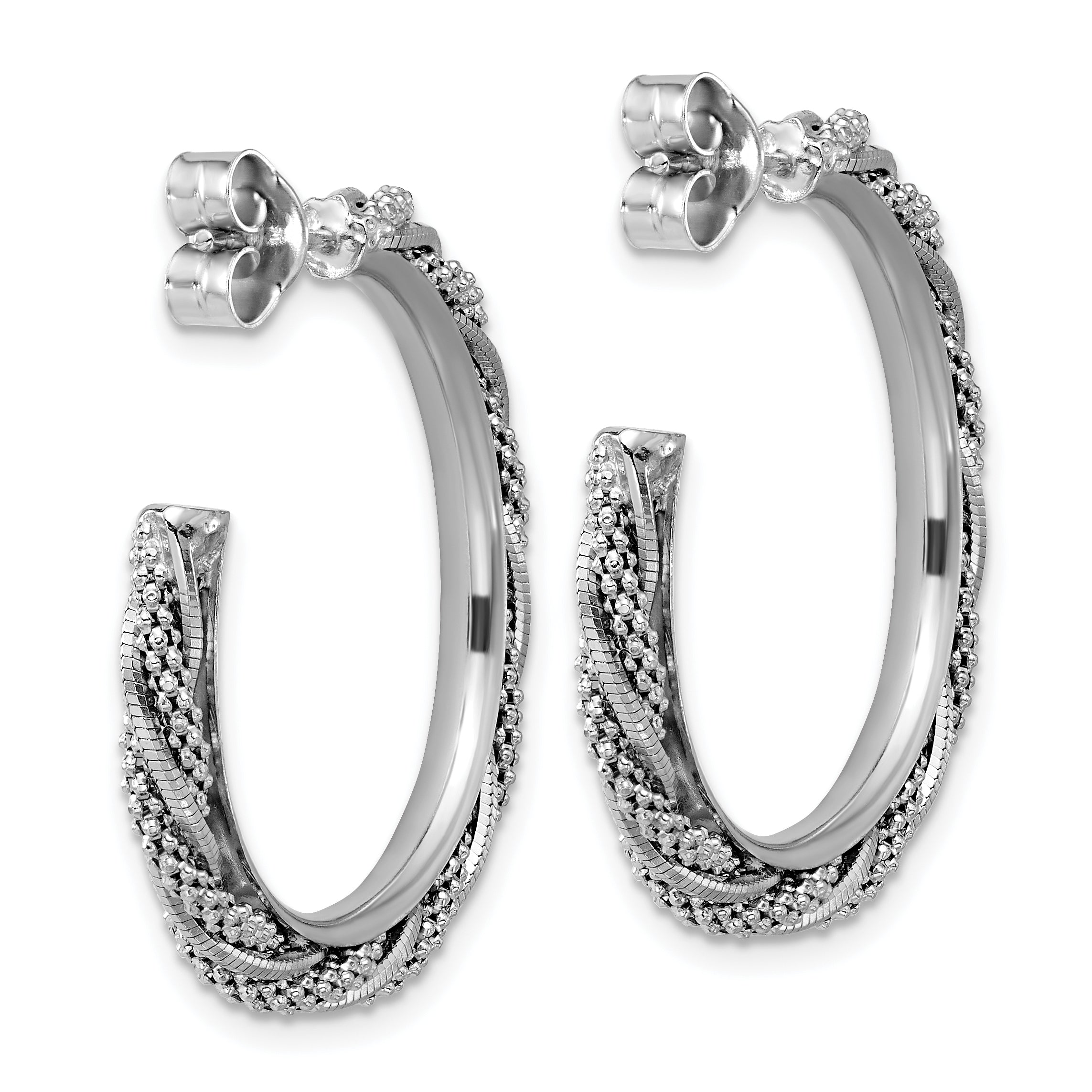 Sterling Silver Ss Rh Plated Polish/Textured Twisted J Hoop Post Earrings