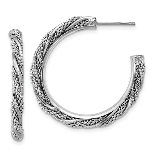 Sterling Silver Ss Rh Plated Polish/Textured Twisted J Hoop Post Earrings