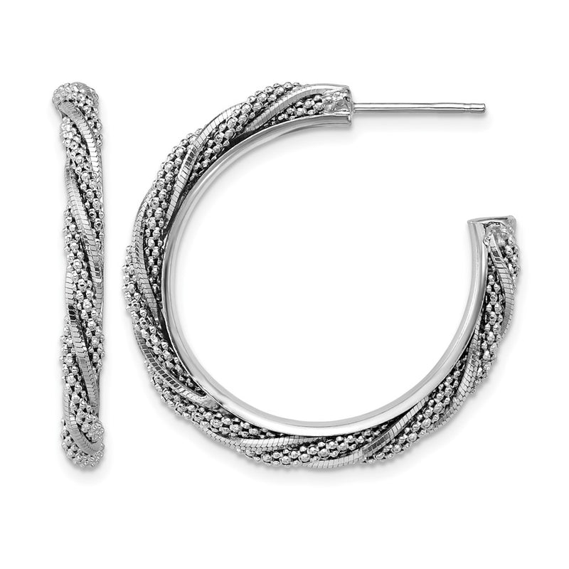Sterling Silver Ss Rh Plated Polish/Textured Twisted J Hoop Post Earrings