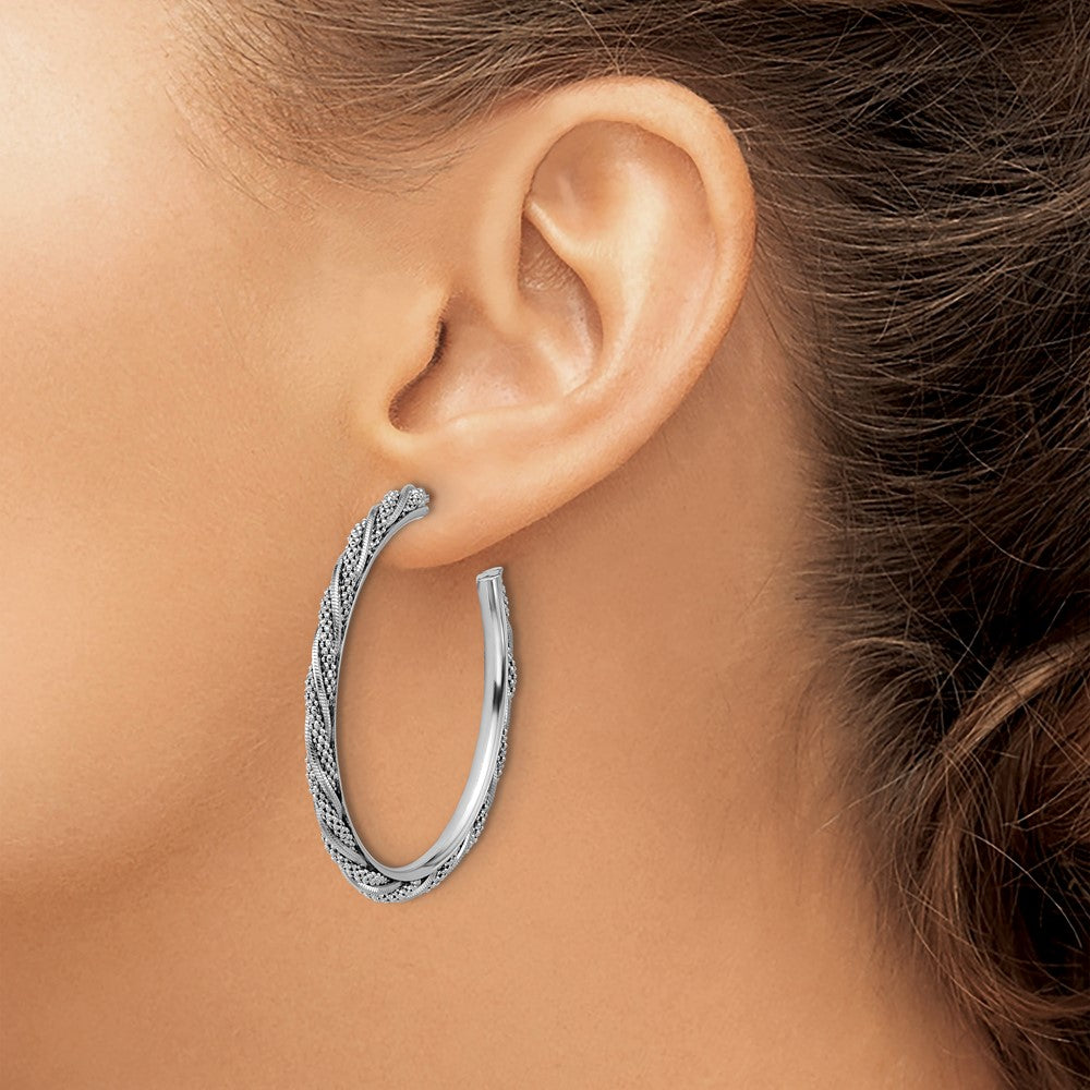 Sterling Silver Ss Rh Plated Polish/Textured Twisted J Hoop Post Earrings