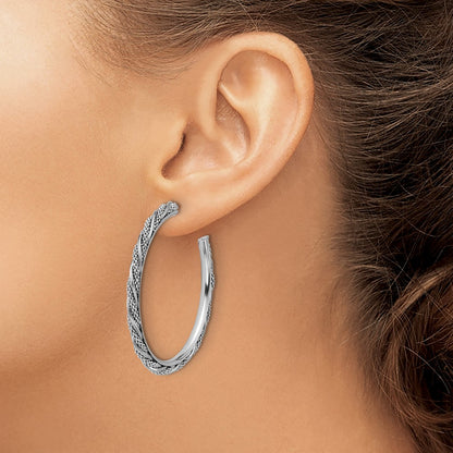 Sterling Silver Ss Rh Plated Polish/Textured Twisted J Hoop Post Earrings