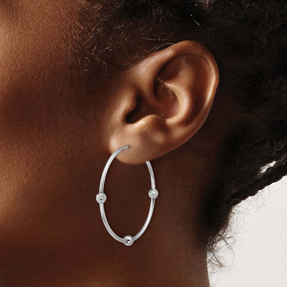 Sterling Silver Ss Rh Plated Polished/Dia Cut Beads Endless Hoop Earrings