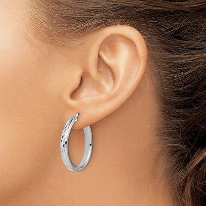 Sterling Silver Rh Plat Polish/Dia Cut Round Hoop Earrings