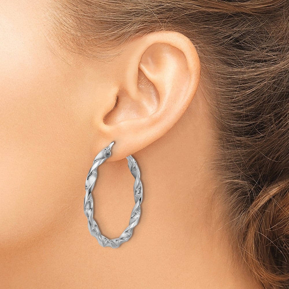 Sterling Silver Rh Plat Polish/Textured Twist Hoop Earrings
