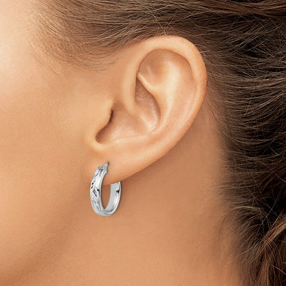 Sterling Silver Rh Plat Polish/Dia Cut Round Hoop Earrings