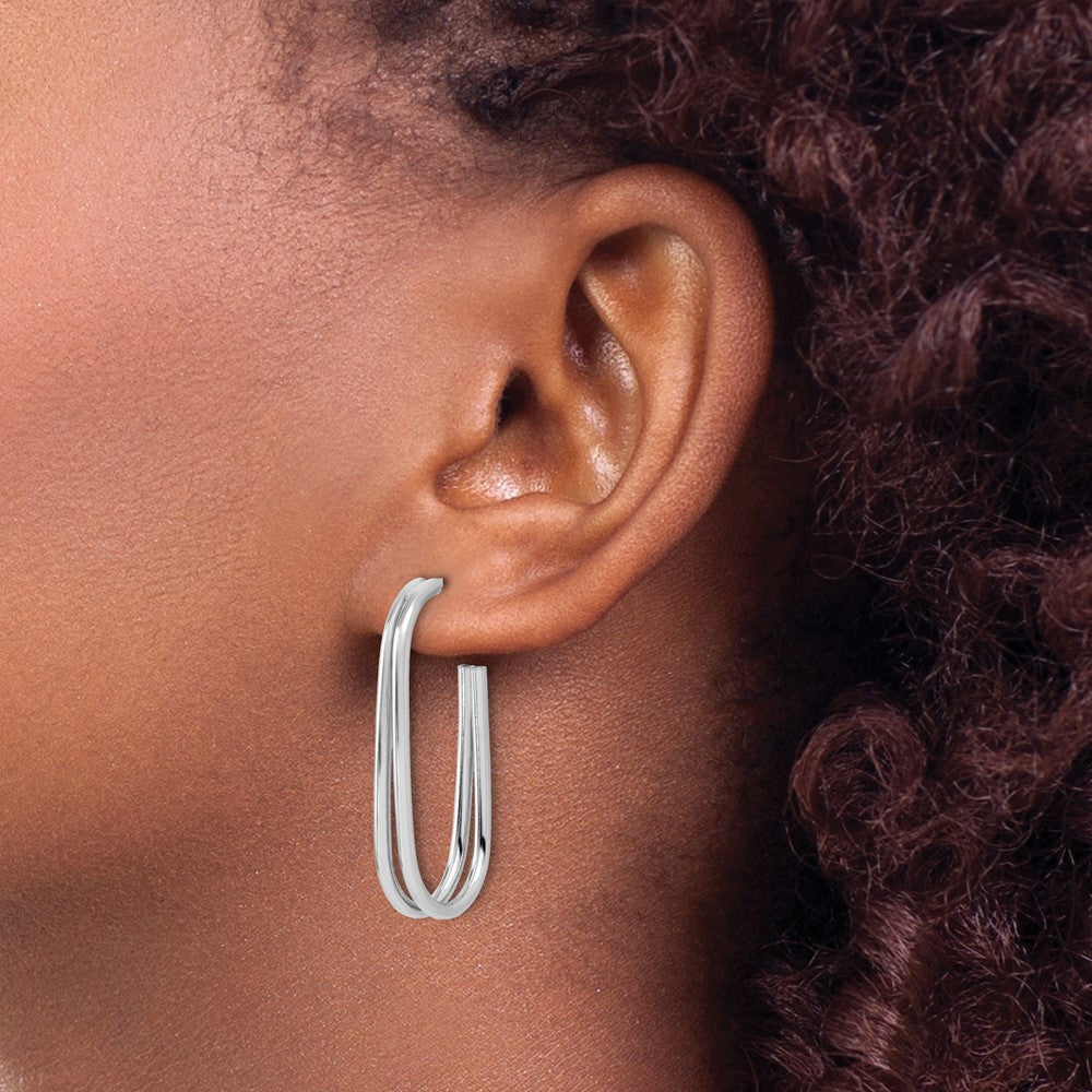 Sterling Silver Rh Plated Polished Oval J Hoop Post Earrings