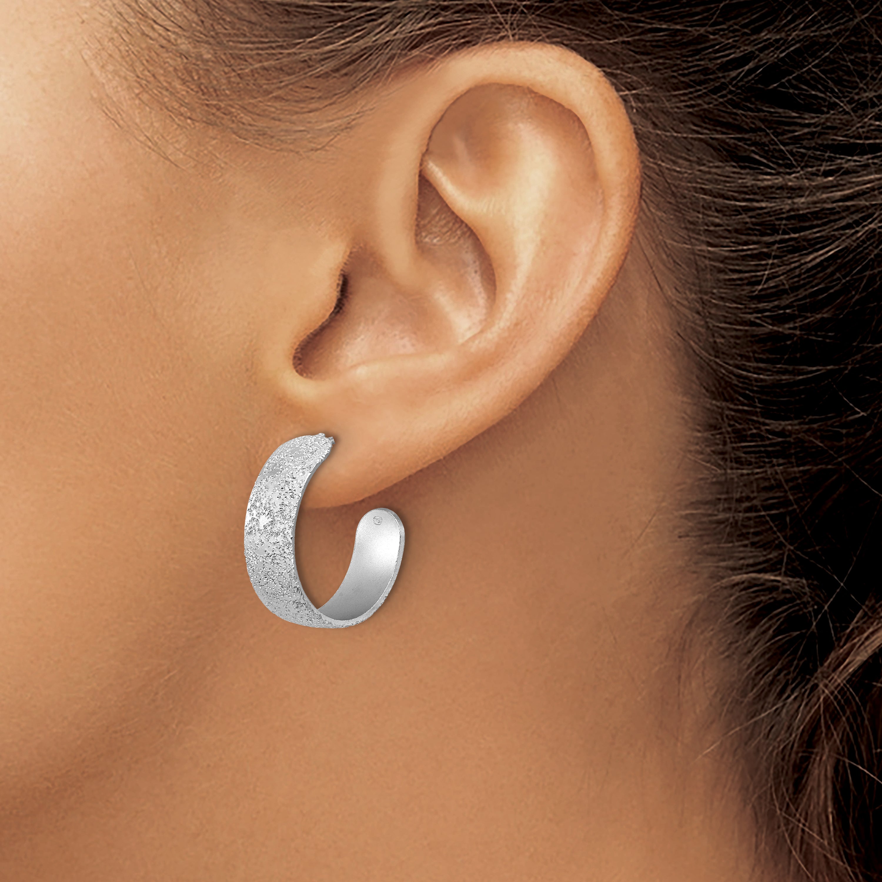 Sterling Silver Ss Rh Plt Radiant Essence Textured 29mm Post J Hoop Earrings