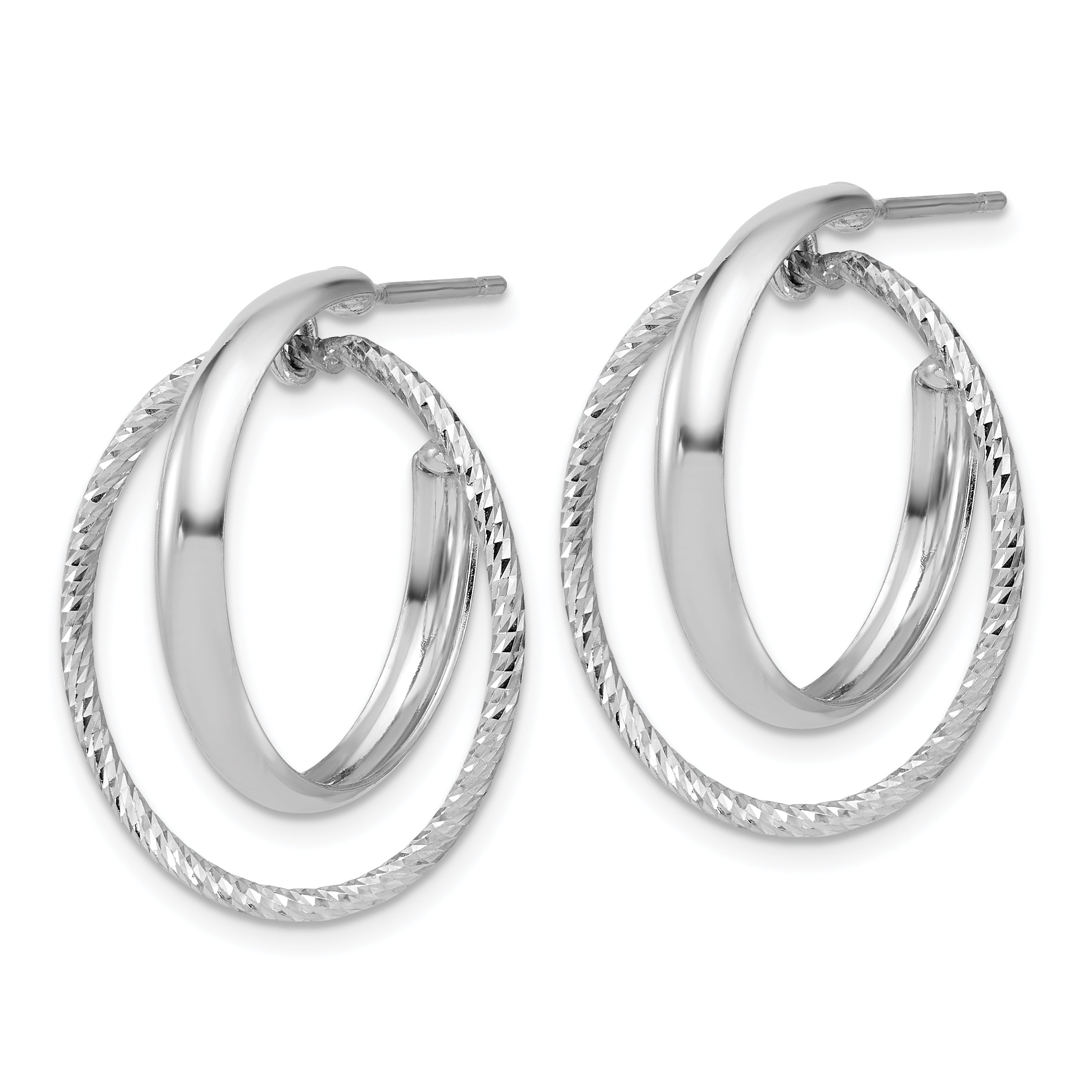 Sterling Silver Ss Rh Plated Polished / Dia Cut Fancy Circles Post J Hoop Earrings