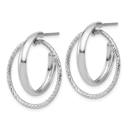 Sterling Silver Ss Rh Plated Polished / Dia Cut Fancy Circles Post J Hoop Earrings