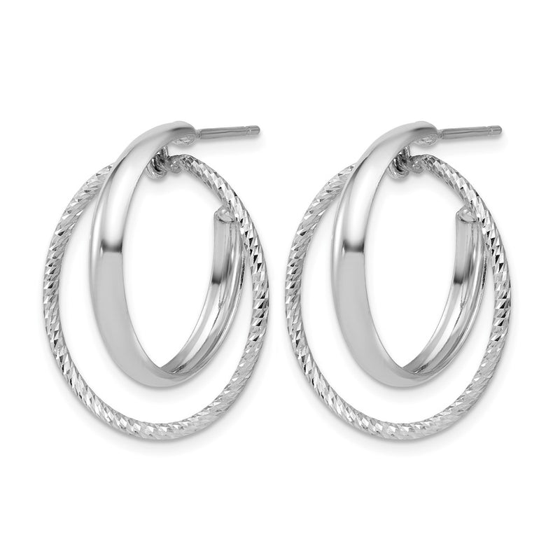 Sterling Silver Ss Rh Plated Polished / Dia Cut Fancy Circles Post J Hoop Earrings