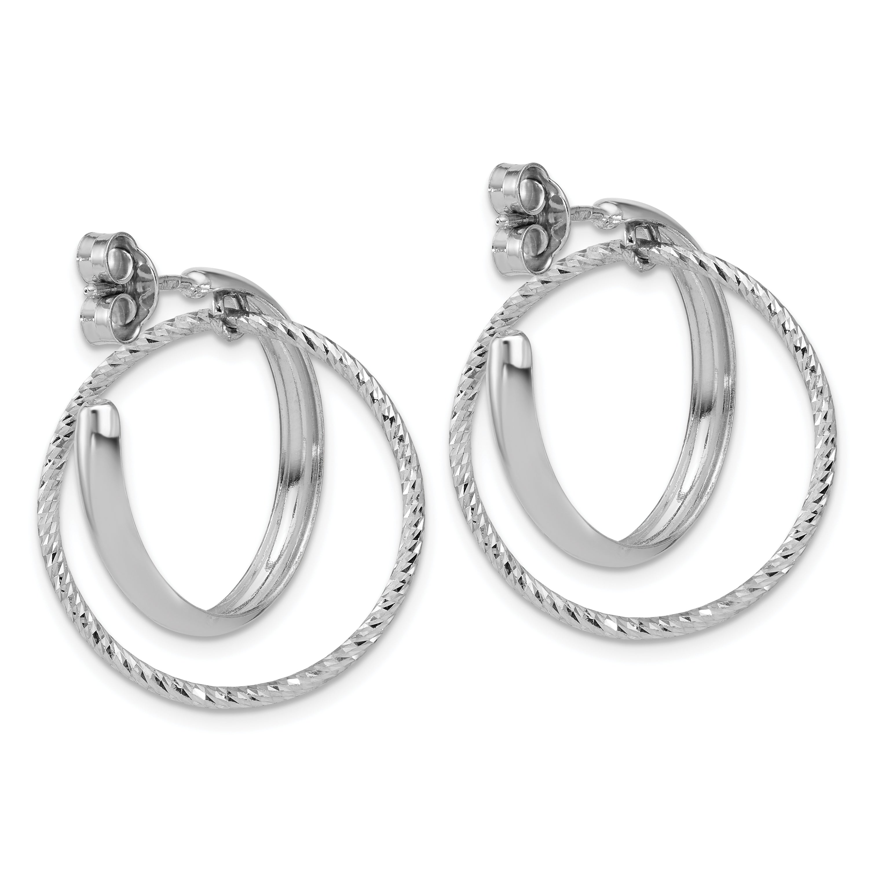 Sterling Silver Ss Rh Plated Polished / Dia Cut Fancy Circles Post J Hoop Earrings