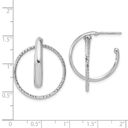 Sterling Silver Ss Rh Plated Polished / Dia Cut Fancy Circles Post J Hoop Earrings
