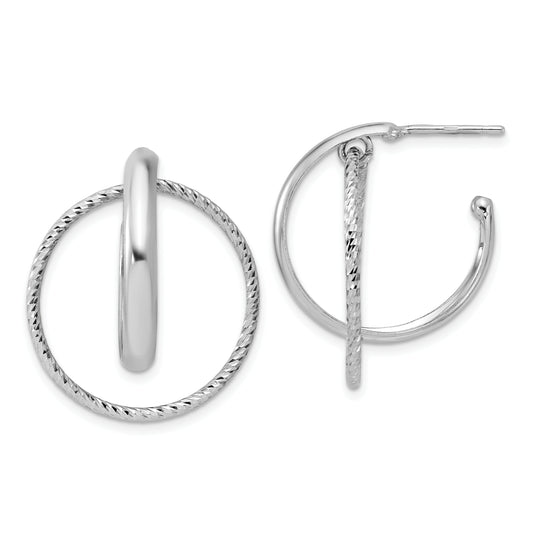 Sterling Silver Ss Rh Plated Polished / Dia Cut Fancy Circles Post J Hoop Earrings