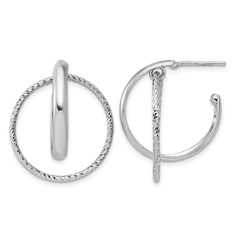 Sterling Silver Ss Rh Plated Polished / Dia Cut Fancy Circles Post J Hoop Earrings