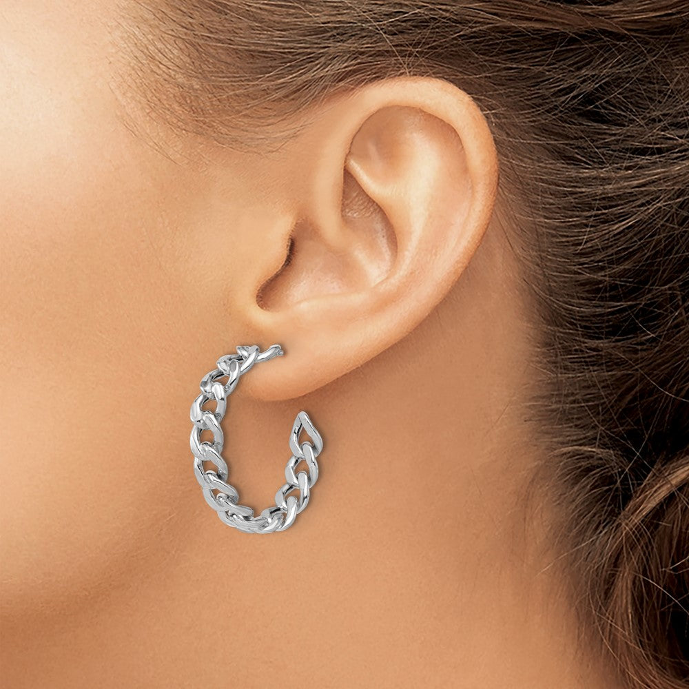 Sterling Silver Ss Rh Pltd Polished 34X6.5mm Curb Link Post C Hoop Earrings